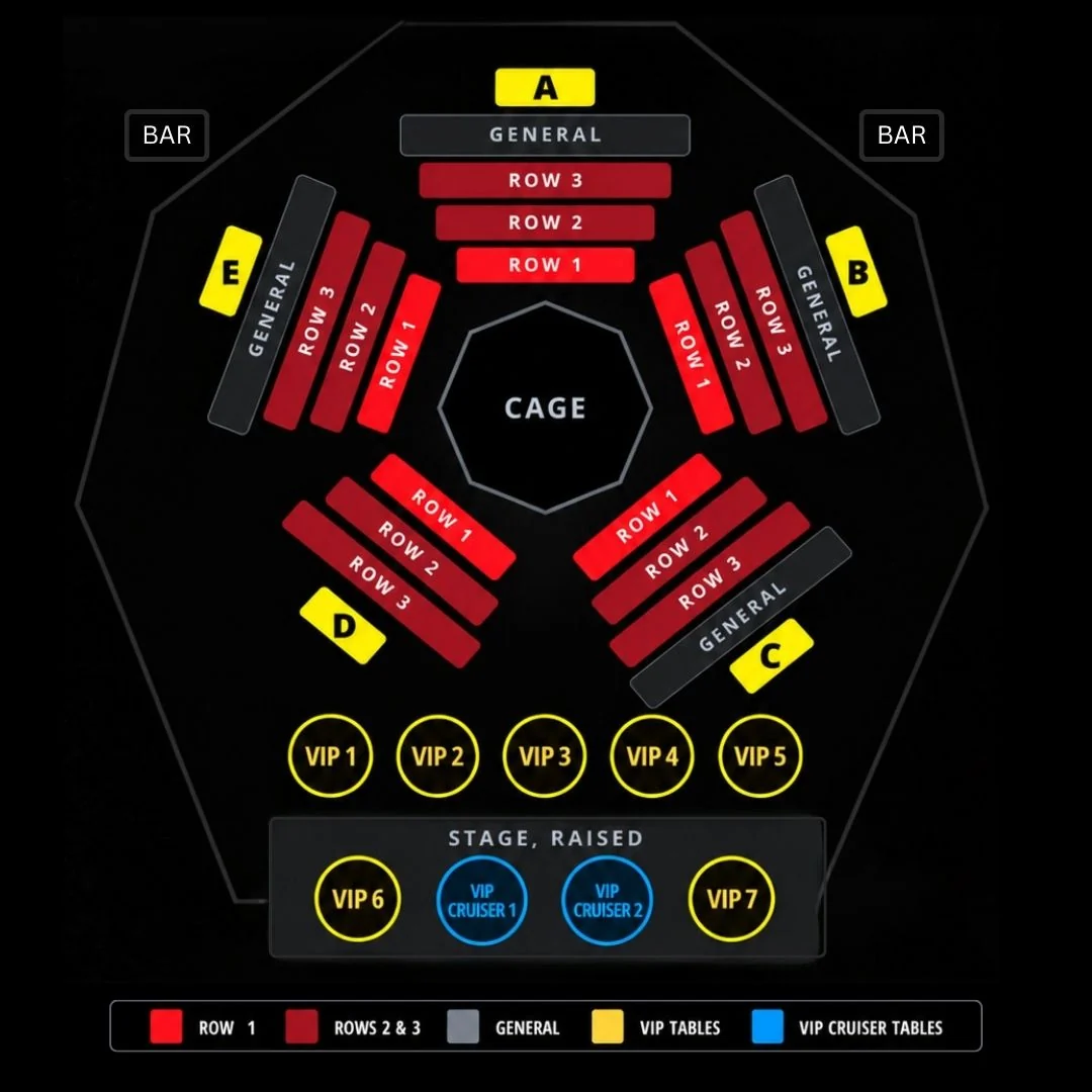 Floor plan. The cage is in the centre. Five seating sections, A to E, wrap around it. In every section Row 1 is closest to the cage, then Row 2, then Row 3. Sections A, B, C and E have a general admission row behind Row 3. Section D has no general admission. Two bars sit in the top corners of the room, either side of section A. VIP tables 1 to 5 sit on the floor in an arc right at the corner of the cage, with no rows in front of them. The raised stage behind them holds VIP tables 6 and 7 and two VIP High Top Cruiser tables. The map is not to scale.